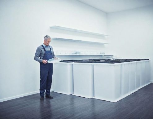 Een man in een keuken met een werkblad en witte planken, terwijl hij documenten bekijkt.