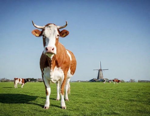 Boerderij met een melkkoe op een groene wei en een molen op de achtergrond.